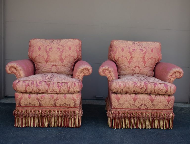 mauve pink damask upholstered living room chairs