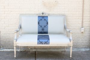 white and blue damask vintage settee