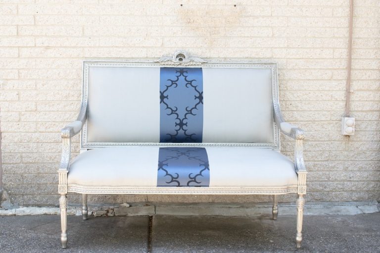 white and blue damask vintage settee