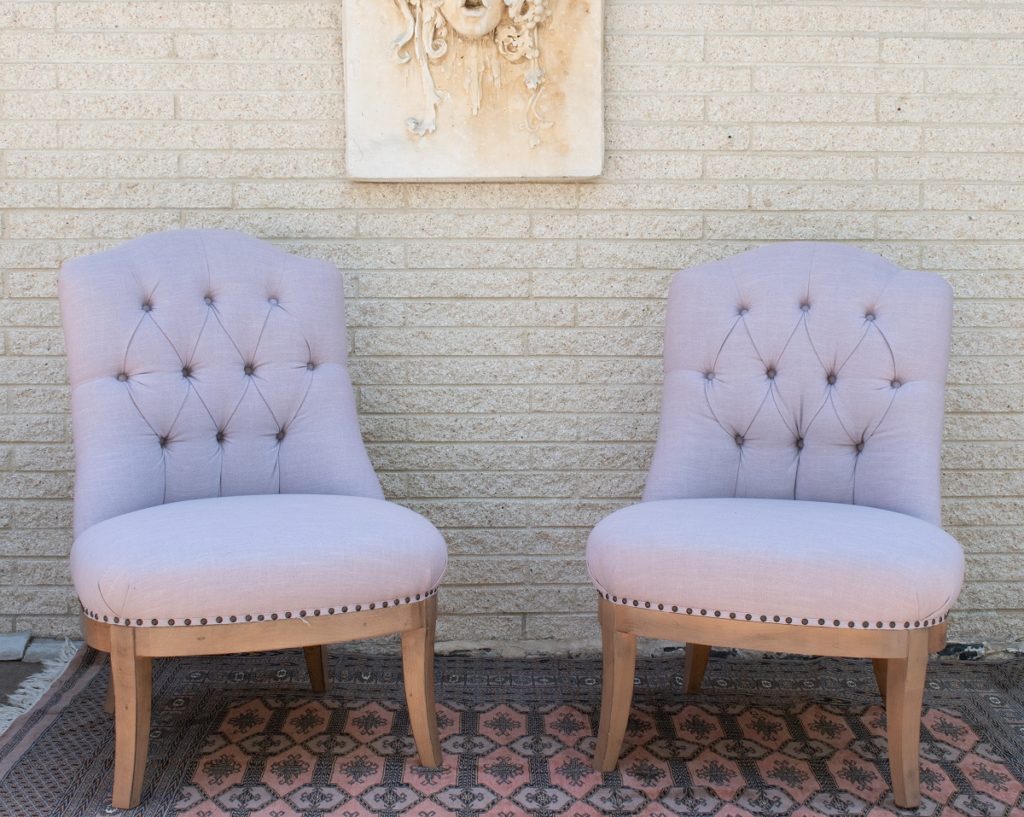 lavender linen tufted side chairs for rent